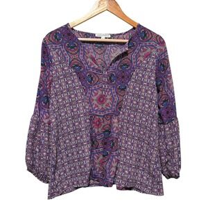 Notations Womens Babydoll Top S Purple Pink Boho Festival Peasant Retro‎ Print
